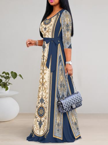 Image of Women's V Neck Floral Maxi Dress 3 /4 Sleeve Plus Size Boho Wrap Flowy Long Dresses with Belt