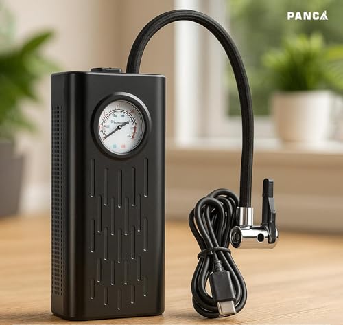 Image of PANCA Cordless Air Pump Portable Tyre Inflator with Pressure Gauge, 5000mAh Battery & Multiple Nozzle Attachments | 150 PSI Wireless Mini Air Compressor