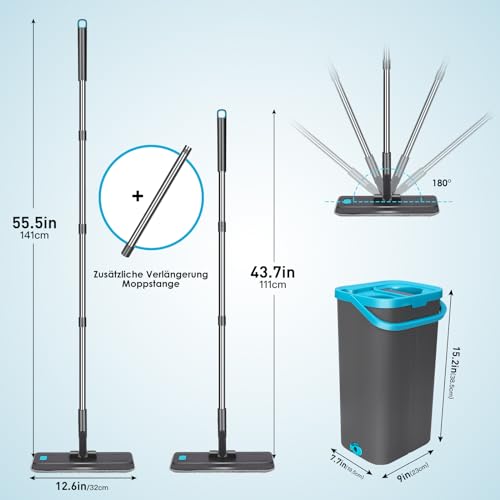OZD Wischmopp Set mit Eimer, Bodenwischer Set mit Auswringfunktion, Flachmopp mit 141cm...