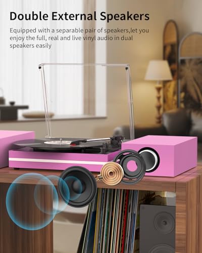 Image of Vinyl Record Player with Two External Speakers Belt-Drive Turntables for Vinyls Records Dual Stereo Speakers LP Players 3 Speed Full Size Wireless AUX-in Headphone Auto Stop Pink