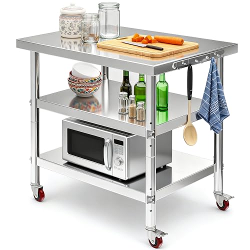 Image of DWVO 30x24in Stainless Steel Table with Wheels & 2 Adjustable Shelves | NSF Metal Prep Worktable for Kitchen Restaurant Hotel Garage Warehouse Home Commercial
