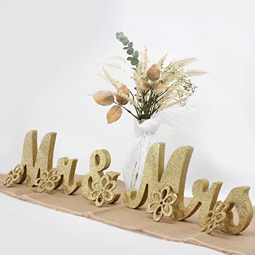 Mr & Mrs Sign for Wedding Table Large Mr and Miss lettere in legno, Just Married, anniversario, festa, San Valentino, decorazione (dorato con accessori), 31,8 x 17,8 x 6,3 cm