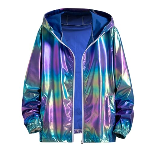 Generisch Chaquetas deportivas brillantes para hombre, chaqueta de entretiempo, chaqueta de softshell colorida, chaqueta con capucha, protección solar, cortavientos, Y2K, traje de discoteca, años 80
