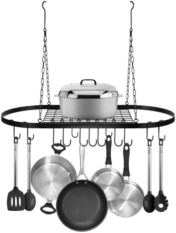Hängendes Topfregal mit 10 Haken, robuste Deckenhalterung, Pfannenaufhänger, industrielles Gitterregal, Küchenorganizer für Kochgeschirr-Utensilien, platzsparende Überkopfaufbewahrung (60 cm)