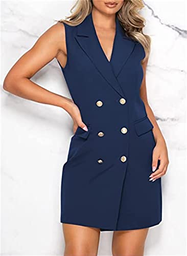 Women Blazer Dresses Elegant V-Neck Sleeveless Casual Work Office Double Breasted Blazer3