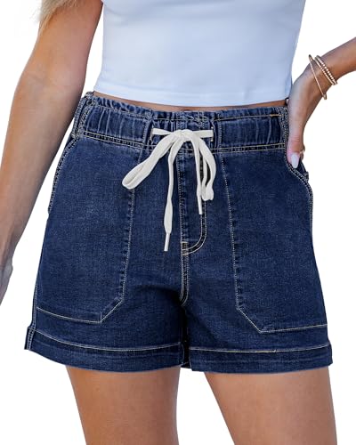 Utyful Jean Shorts for Women Trendy High Waisted Drawstring Pull On Elastic Waist Stretchy Denim Shorts Mid Thigh Jorts