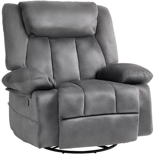 HOMCOM Swivel Rocker Recliner Chair for Living Room, Fabric Reclining Chair with Cushion, Rocking Chair with Footrest, Side Pockets, Charcoal Gray