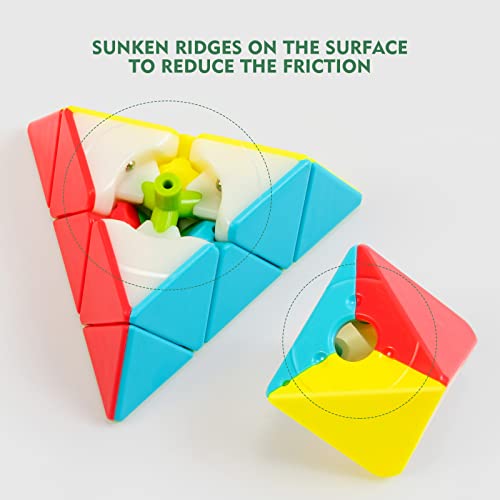 Image of Stickerless Pyraminx Speed Cube with Stand & Guide for Kids & Adults | Smooth-turning STEM puzzle with display stand. Great for classrooms, travel, office desks, gifts and brain training.