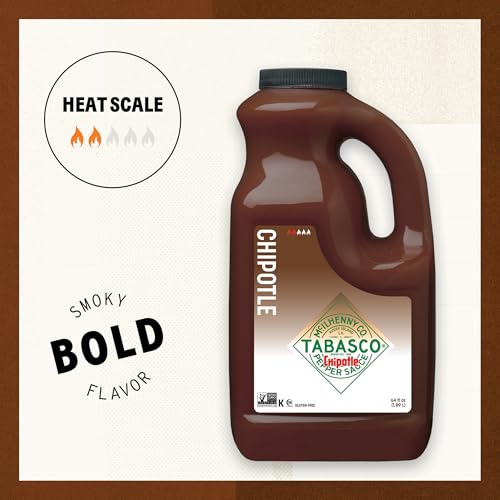 Image of TABASCO Brand Chipotle Pepper Sauce, Medium Hot Sauce, Bulk Plastic Jug, Smoky & Smooth, Perfect for Large Recipes, Great for Marinating or Grilling Meats & More, 64 Fl Oz (Pack of 1) | Value Size Slow-smoked Chipotle Pepper Hot Sauce, Smooth Chipotle Sauce for Grilling, Marinade, Tacos, Burritos, Steak & More