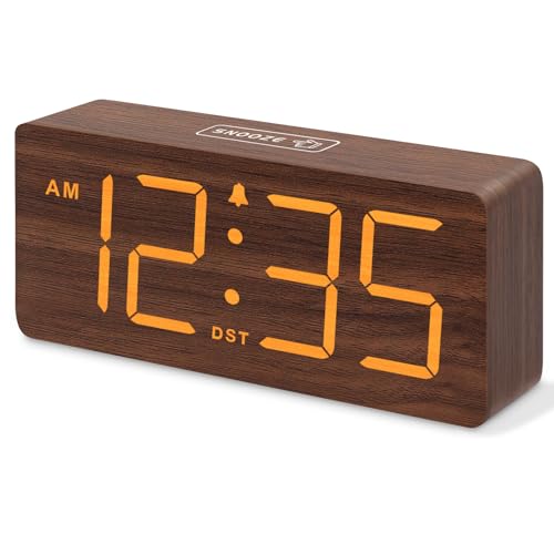 DreamSky Wooden Digital Alarm Clock for Bedroom – Desk Clock with Large Numbers for Living Room Office, Loud Alarm for Heavy Sleepers Adults, Volume Control, Dimmer, DST, Wood Decor (Adapter Powered)
