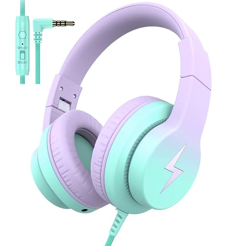 Kids Headphones, Wired Headphones for Kids Over Ear with Microphone, 85/94dB Volume Limiter Headphones for Girls Boys with Sharing Jack, Foldable Headphones for Online Study, Gradient Purple