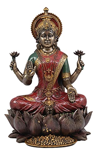 Ebros Beautiful Large Hindu Goddess Lakshmi Sitting On Lotus Flower Statue 12.25" Tall Hinduism Eastern Enlightenment Resin Altar Decor Figurine Deity of Prosperity Good Fortune Vastu Vishnu Shakti