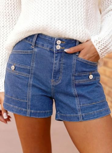 Image of Astylish Women's High Waisted Stretchy Jean Shorts Trendy Denim Shorts