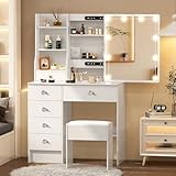 Teousev Schminktisch mit Schiebetürspiegel und Hocker, Stabiler Kosmetiktisch mit dimmbarer Beleuchtung und Videoanleitung, Frisiertisch mit 6 Schubladen und 6 Regalen, Weiß, 36×80×131 cm, J62339