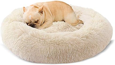 Docatgo Calming Anxiety Dog Cat Bed (L-60X60CM-Beige) Plush Donut for Medium Small Dog Cat Calming Relief Fluffy Soft Cuddler Round Pet Nest Orthopedic Relief Anti Machine Washable
