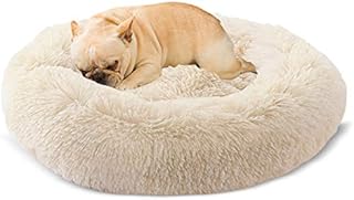 Docatgo Calming Anxiety Dog Cat Bed (L-60X60CM-Beige) Plush Donut for Medium Small Dog Cat Calming Relief Fluffy Soft Cuddler Round Pet Nest Orthopedic Relief Anti Machine Washable