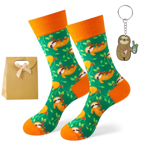 MOAZIFI Faultier Geschenk Set mit Faultier Socken 36-42 Schlüsselanhänger & Geschenktüte Lustige Tiersocken Baumwolle Bunt Witzige Sloth Socks Geschenkidee für Frauen Mädchen Socken mit Motiv Grün