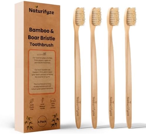 Boar Bristle & Bamboo Toothbrush (4 Pack) - Authentic Boar Bristles - Biodegradable - Plastic Free - Bamboo & Boar Bristle
