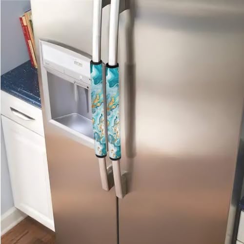Image of Refrigerator Door Handle Covers Pack of 6 Anti-Stain Kitchen Electrical Appliances Handle Protector Fridge Microwave Oven Kitchen Decor and Accessories, Teal Gold Marble