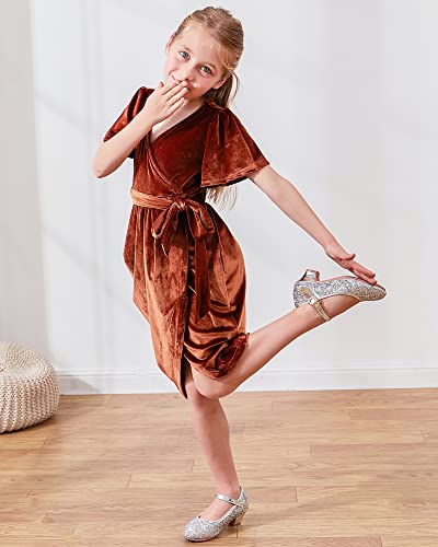 Deefant Girls Dress Velvet Birthday Girl Dresses V-Neck Midi Vintage Elegant Kids Dress For 4-13Years Brown #TOP4