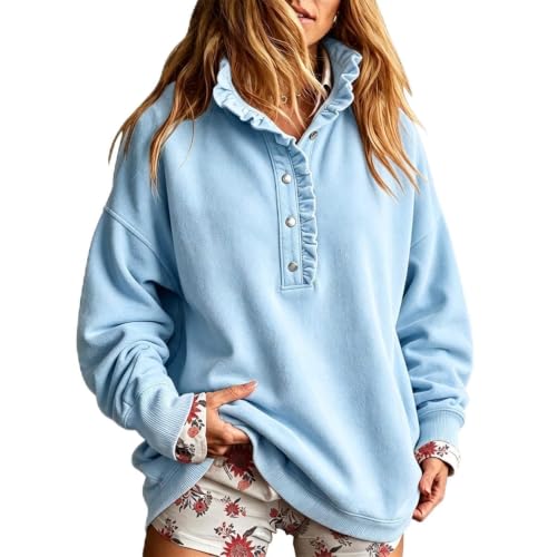 Sweatshirt for Women Ruffle Henley Neck Button Fashion Pullover Tops - image 1