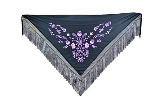 AMINA Medium Peak Shawl Triangular Flamingo or Sevillanas (175 x 75 cm) Black Lilac Embroidery