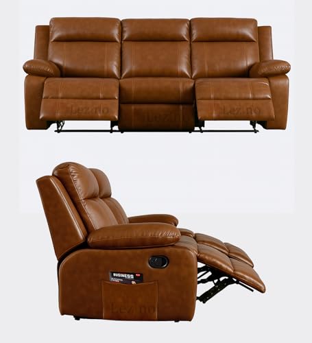 Image of LEZINO 3 Seater Manual Faux-Leather Recliner Chair for Home, Brown (3 Seat Manual Recliner, Brown)