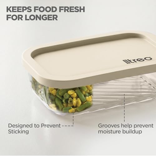 Image of Treo By Milton Nutri Borosilicate Glass Containers for Fridge Storage Set of 6 (1 x 1200ml, 1 x 750ml, 2 x 520ml, 2 x 310ml) Stackable Glass Container with Lid, Microwave & Dishwasher Safe, Beige