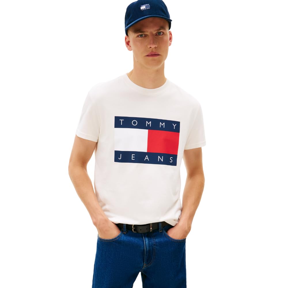 Tommy Jeans Short Sleeve Cotton Graphic T-Shirts with Big Flag Logo Design Camiseta gráfica de algodón de Manga Corta con Gran Bandera Logo Design Hombre (Pack de 1)