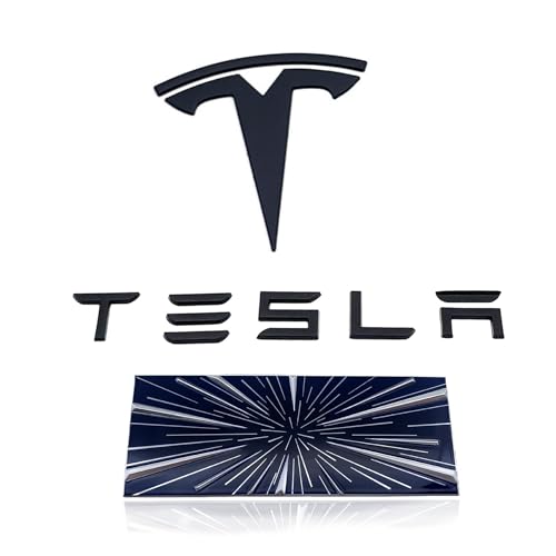 Image of Metal T Logo Tesla Letters Performance Ludicrous Emblem Logo Decal Sticker Front Rear Tailgate in Matte Black for Tesla Model 3 Highland (Matte Black - Letters & Highland)