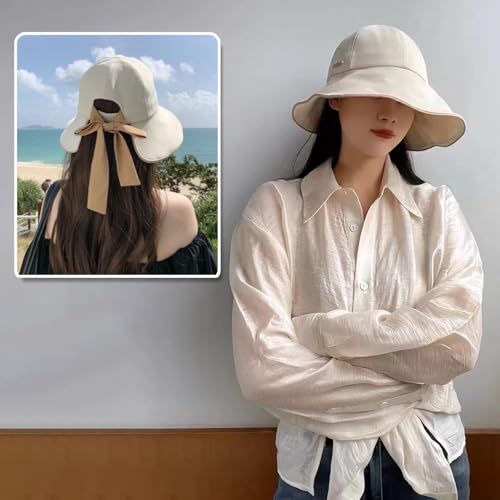huablo Wide Brim Hats for Woman Foldable Hats Sun Hats for Women uv Protection Bowknot Fishing hat Adjustable hat with Ponytail Hole Beige - Image 9