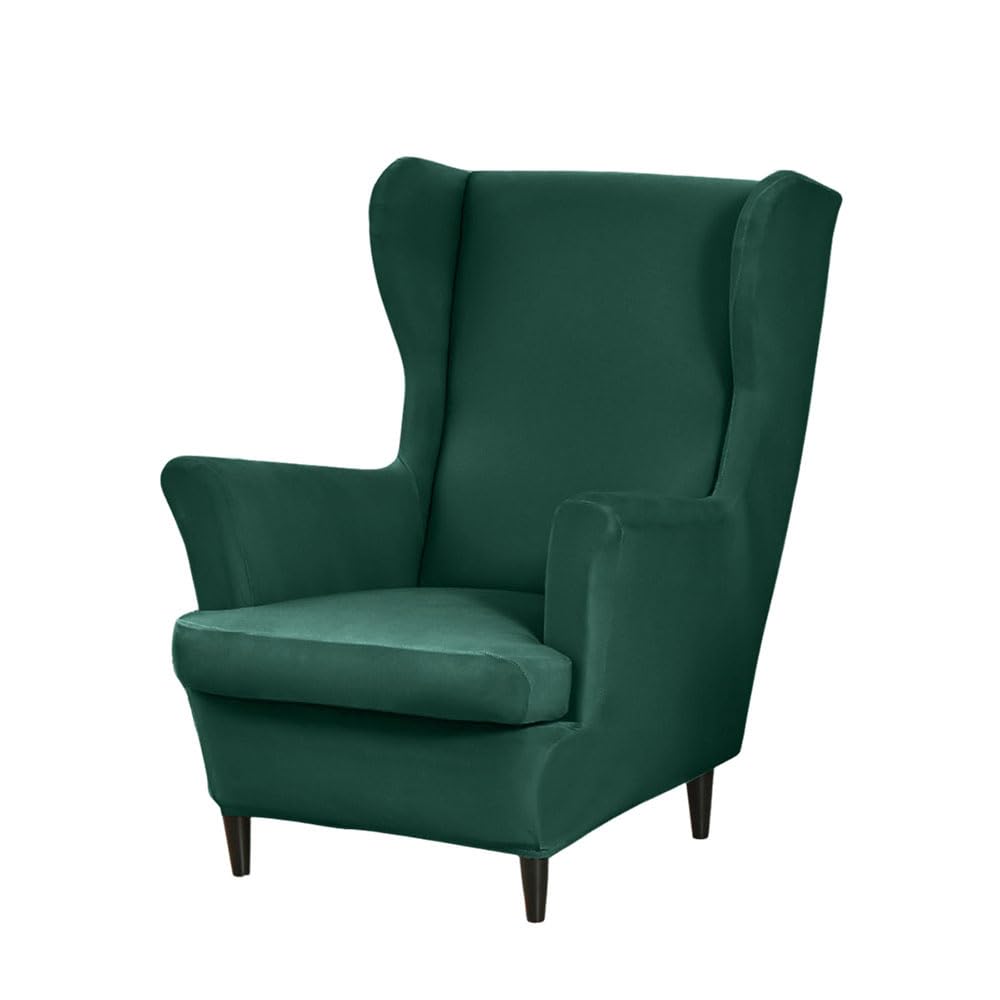 Highdi Funda de Sillón de Orejas Elástica para Strandmon, Color Sólido Funda de Sofá 2 Piezas con Funda de Cojín, Fundas Protector de Butaca para Club Dormitorio Recepción (Verde Oscuro)