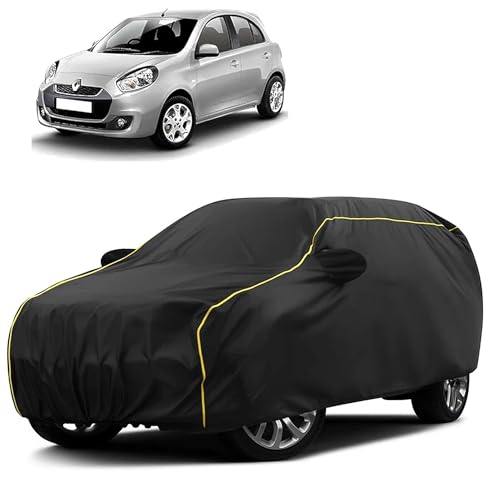Image of Sulfar 100% Water Resistant Car Body Cover Compatible with Mirror for Renault Pulse (Triple Stitched, Full Bottom Elastic, Black Taffeta with Yellow Piping)