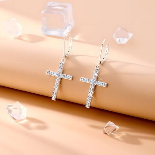 925 Sterling Silver Cross Dangle Earrings for Women 14K Gold Plated Dainty Minimalist CZ Cross Dangle Drop Earrings for Women Trendy Hypoallergenic Leverback Earings4