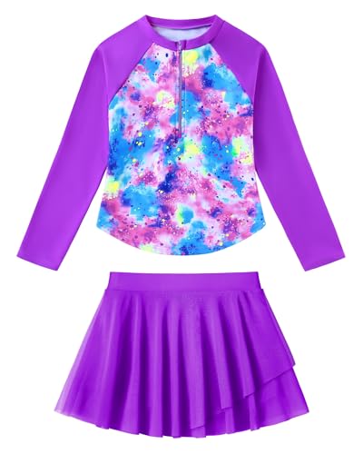 Image of Girls Rash Guard Swimsuit Long Sleeve Bathing Suits with Swim Skirt Shorts Two Piece Sun Protection Swimwear for 3-12 Years