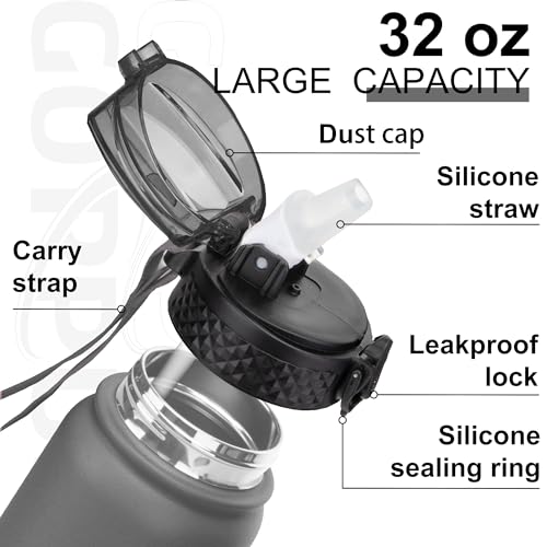 GOPPUS 1L/32oz Stainless Water Bottle with Straw Double Wall Insulated Bottles with Strap Reusable Vacuum Thermal Flask Leakproof Keep Cold Drinks Bottles with Flip Top Lid for Gym Men Women BPA Free - Image 3