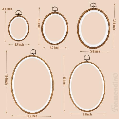 Image of Framendino, 5 Pack Embroidery Hoops 5 Sizes Imitated Wood Display Frame Oval Cross Stitch Ring for Hanging Ornaments