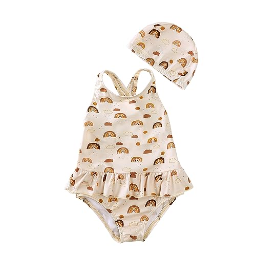 Image of DEFAHN Toddler Swimsuit Girl One-Piece Swimwear Girl Ruffled Bathing Suits with Hat 9 Month-6Y