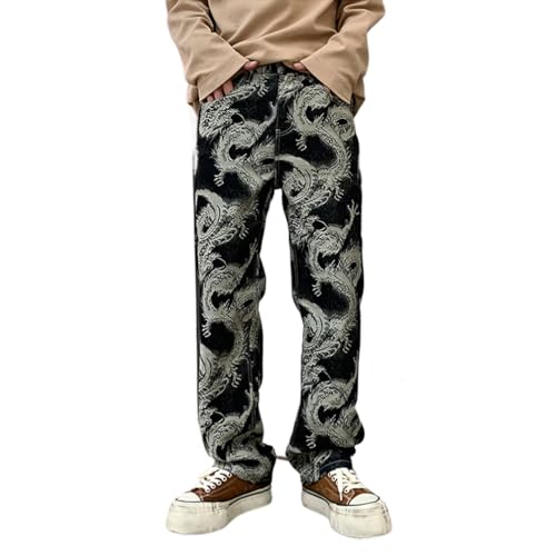 Mens Trendy Dragon Print Jeans Vintage Straight Leg Distressed Denim Pants 28-40