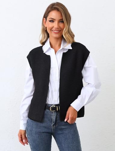 Image of TZLDN Womens Sweater Vest Tops Sleeveless Open Front Cardigan Cap Sleeve Round Neck Knit Crop Tops Casual Work Tank