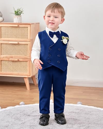 Image of YALLET Toddler Baby Boy Clothes Suit Gentleman Wedding Outfits, Formal Dress Shirt+Bowtie+Vest+Boutonniere+Suspender Pants