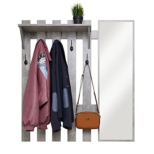 Meerveil Perchero Pared, Madera Mueble Entrada Recibidor con Espejo y 5 Ganchos Estilo Industrial para Pasillo Entrada Vestíbulo, 100 x 22 x 106 cm (Gris)