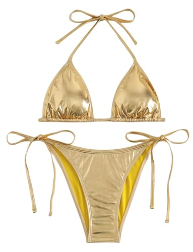 Image of Women's Spaghetti Straps Bra Brief Bikini Set Swimsuit 2 Piece Backless Bathing Suit V-Neck Removable Pads Swimwear Gold M