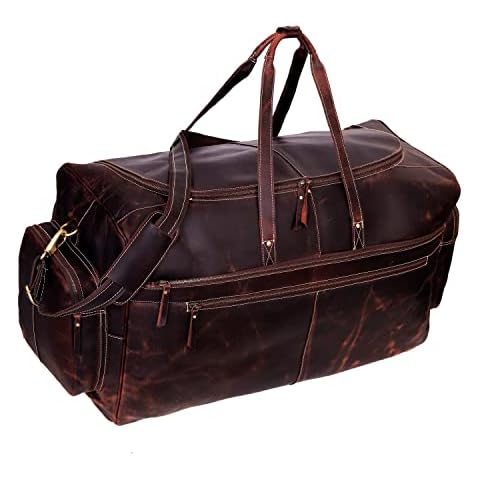Large Leather Duffel Bag Large Travel Bag Gym Sports Overnight Weekender Bag Carryall Weekender Travel Overnight Gym Sports Carry On Duffel Bag For Men And Women, WALNUT Cover