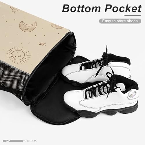 Drawstring Gym Backpack with Shoe Compartment And Wet Pocket, 28L Lightweight Waterproof Beige Simple Doodle Sports Backpack for Workout Swim Beach Travel String Bag for Men Women4