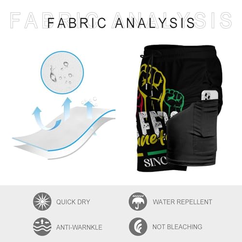 Mens Swim Trunks with Compression Liner, Juneteenth Black History Printed Beach Board Shorts3