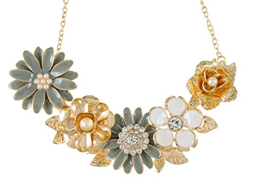Alilang Womens Flower Rhinestones Pearl Statement Bib Golden Tone Necklace with Gray Yellow Enamel