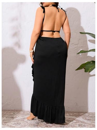 OYOANGLE Women's Plus Size Swim Cover Up Dress Wrap V Neck Ruffle Long Dresses Sarongs Swimwear2