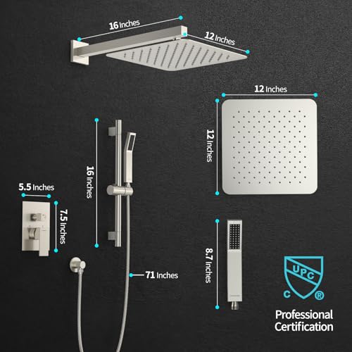 Image of SR SUN RISE 12 Inch Square Shower System with Slide Bar,Brushed Nickel