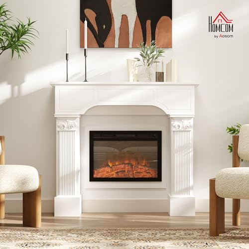 Image of HOMCOM Baroque Fireplace Mantel, Freestanding Fireplace Surround with Ionic Leg for Electric Fireplaces, 43.25 inch W x 42.75 inch H, White